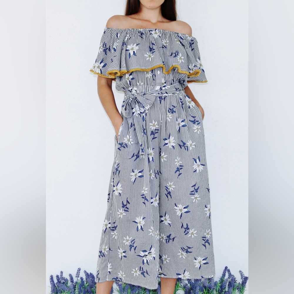 THML APHRODITE Grey & White Striped Floral Off-the-shoulder Jumpsuit